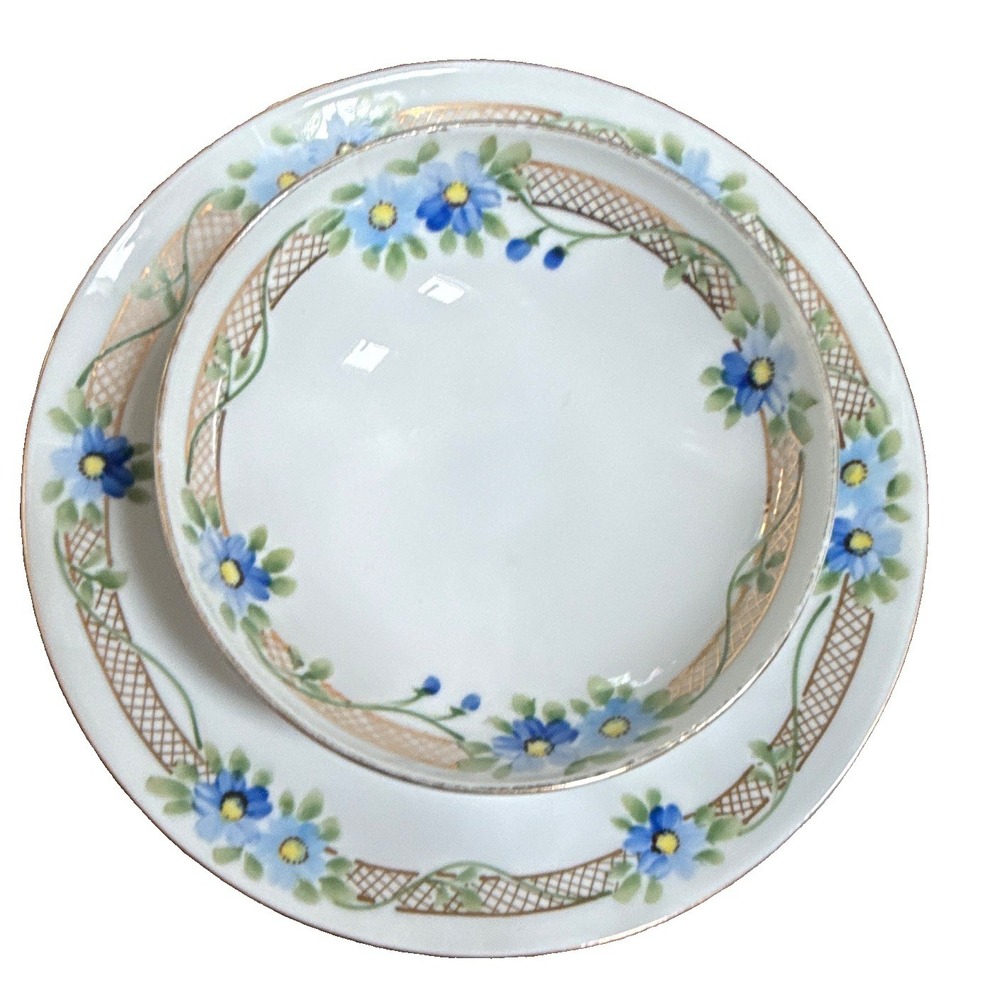 Hand Painted Nippon Floral Ceramic Cup & Saucer Set White Blue Green - SET OF 6